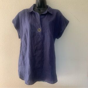 ELLEN TRACY Blue Linen Top Size L Cap Sleeve Collared Shirt Minimalist Button